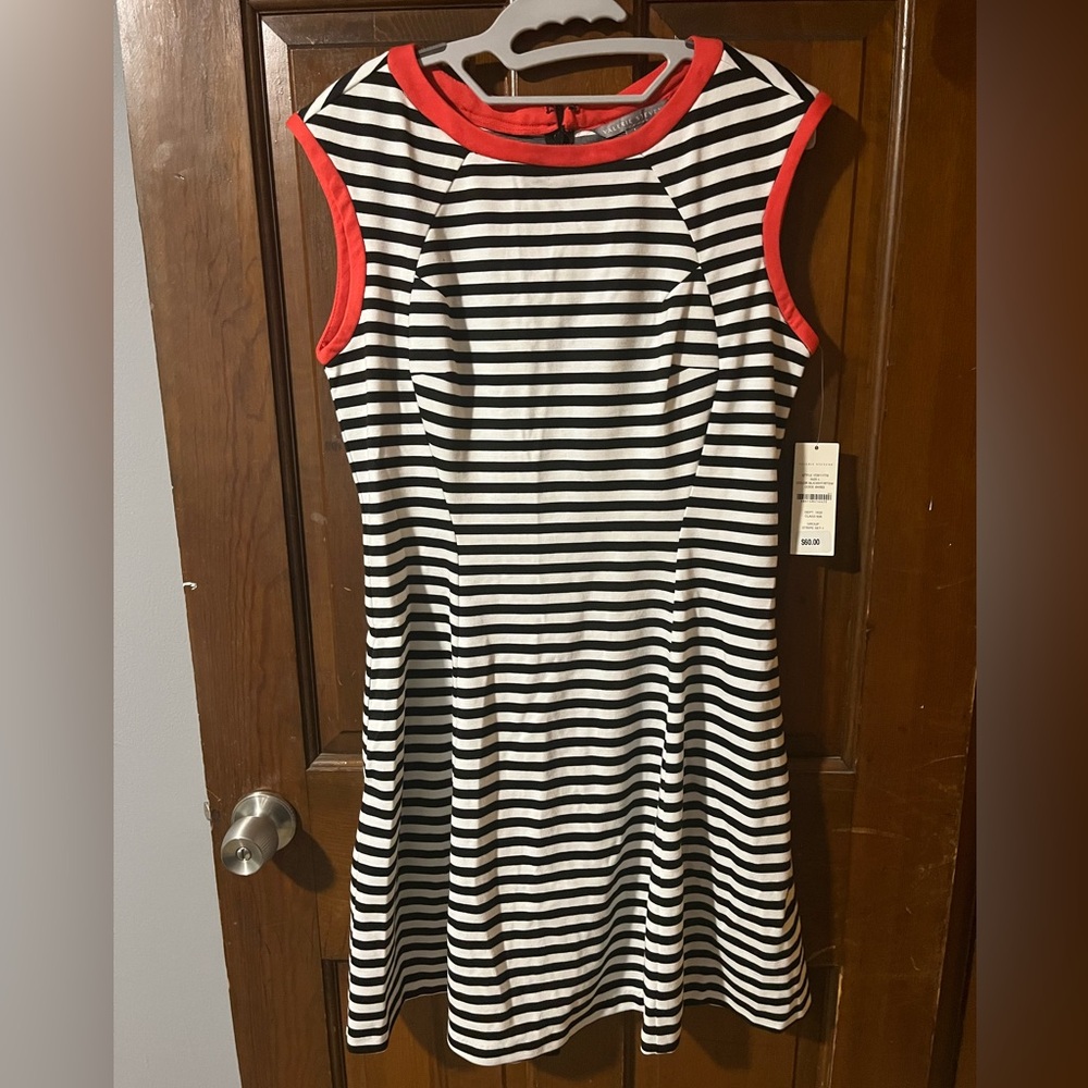 Valerie Stevens Black and White Striped Dress with Red Accents